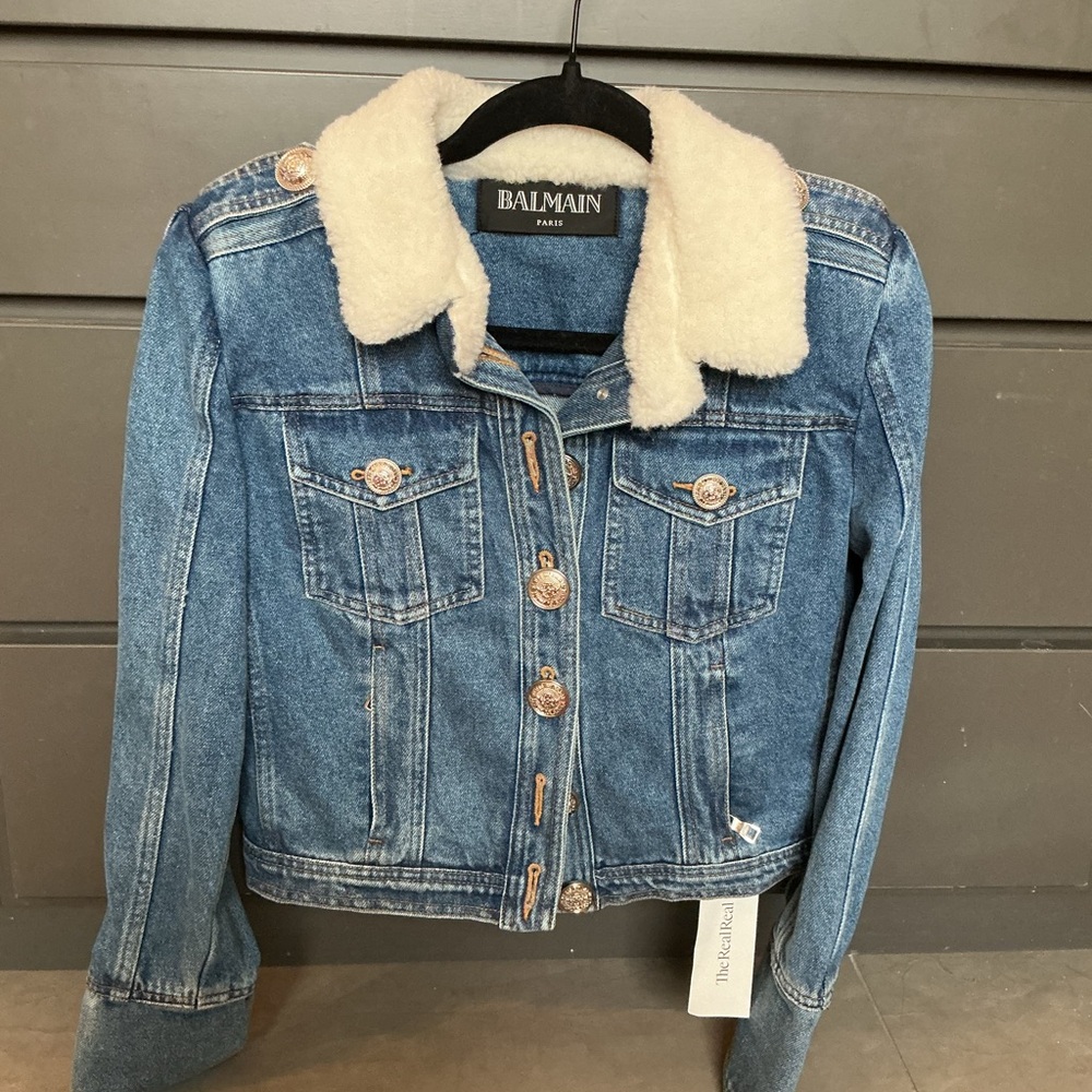 Balmain Denim Jacket with Shearling Collar